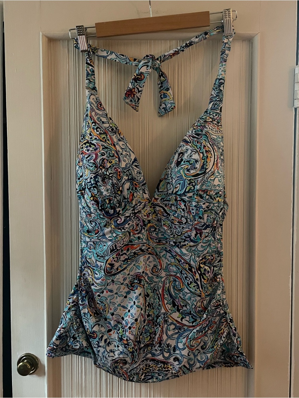 Lauren Ralph Lauren Paisley Halter Tankini Top in Teal and White